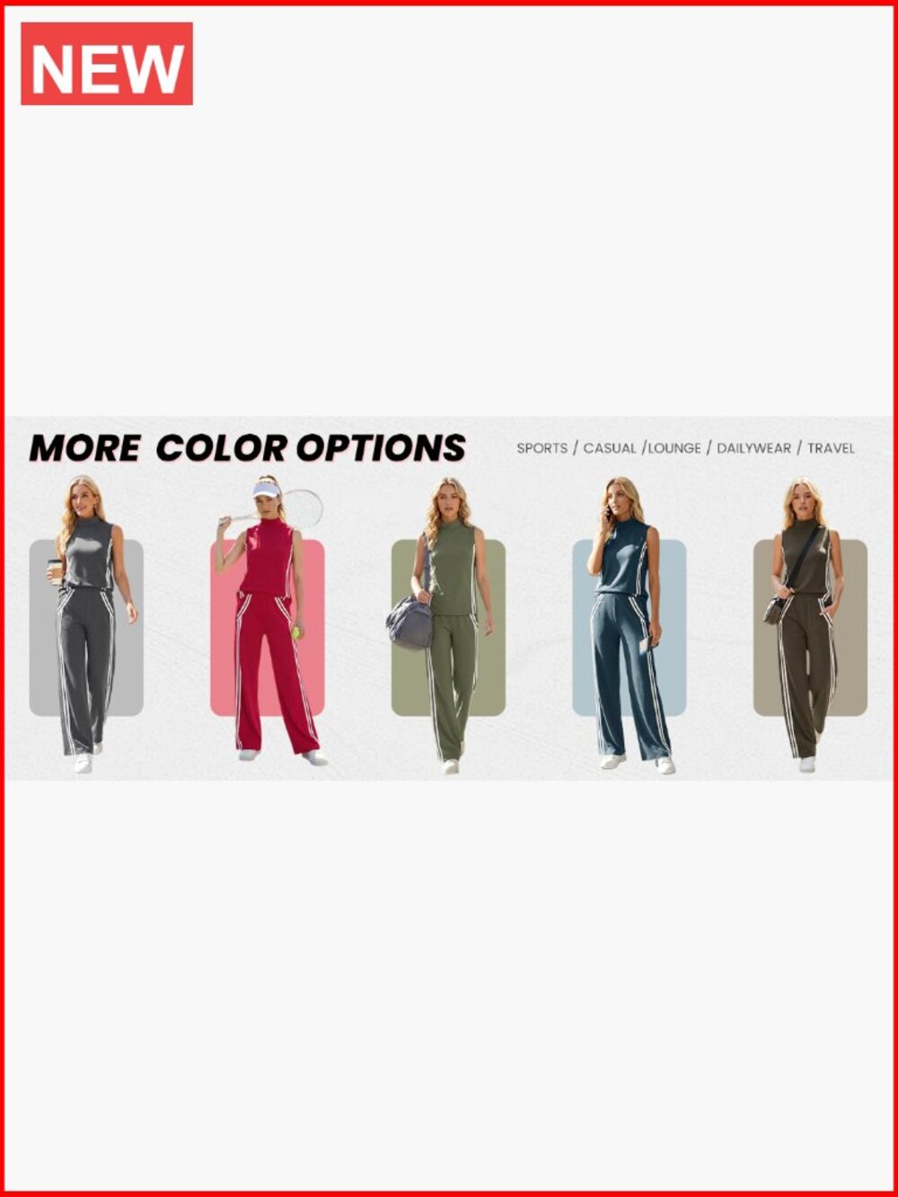 Women's 2 Piece Lounge Set Stripes Mock Neck Tank Top Wide Leg Pants Sweatsuit - Picture 7 of 7